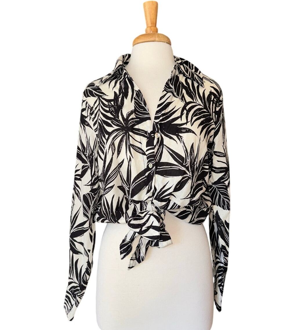 Rachel Zoe Tropical Tie Front Linen Blend Blouse Large Black White Resort Top
